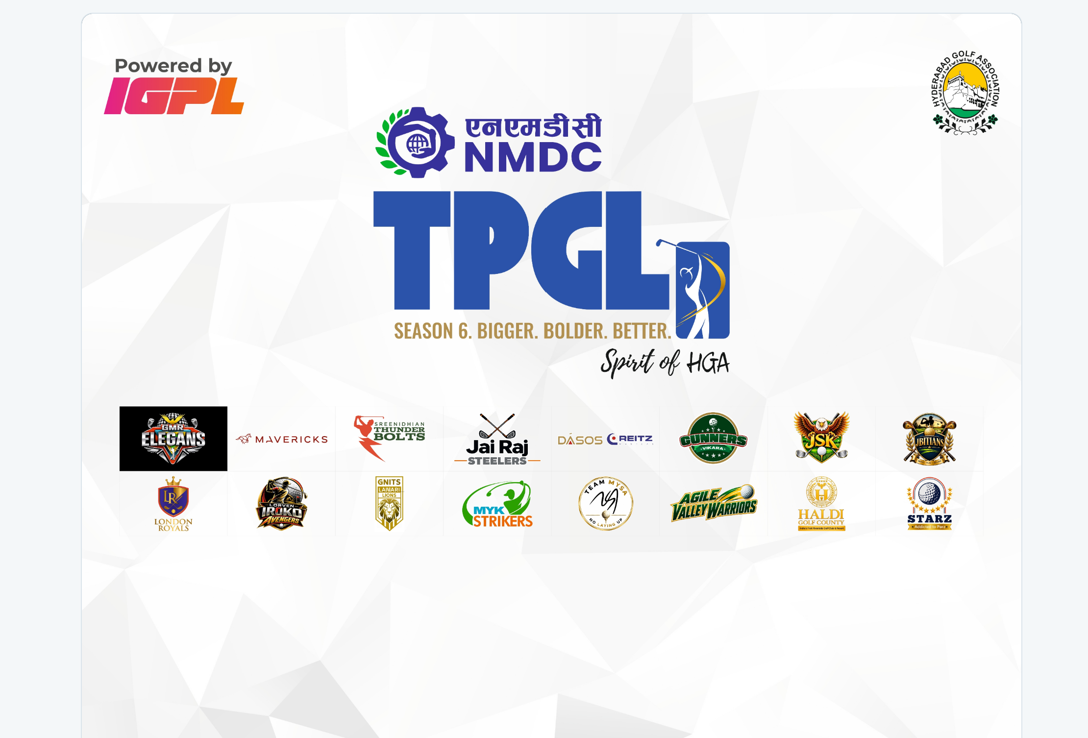 NMDC TPGL Season 6, powered by IGPL, with Hyderabad Golf Association and all sixteen team marks